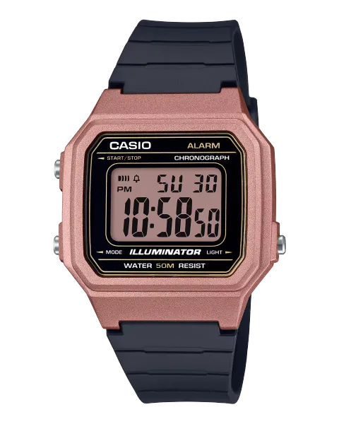 Reloj Casio W-217HM-5AV Color de caja rosado metálico y resistente al agua.