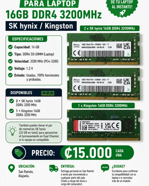 4 Memorias RAM DDR4 LAPTOP 16 GB Varias marcas 15 mil, precio unitario