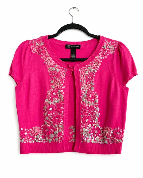 Cardigan INC International Concepts fucsia con lentejuelas – Talla M