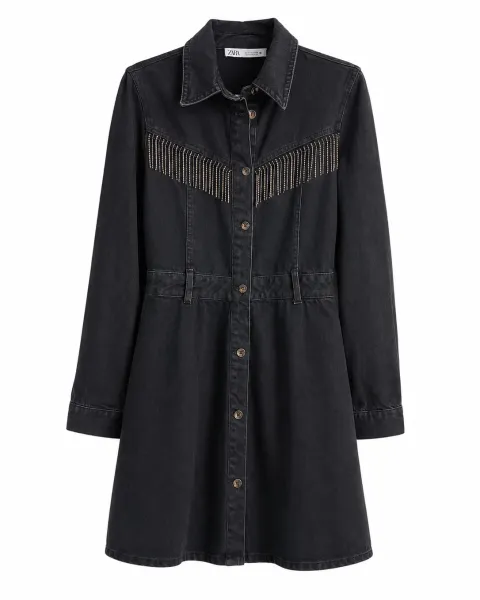 Vestido camisero Zara de mezclilla negra con flecos metálicos – Talla S